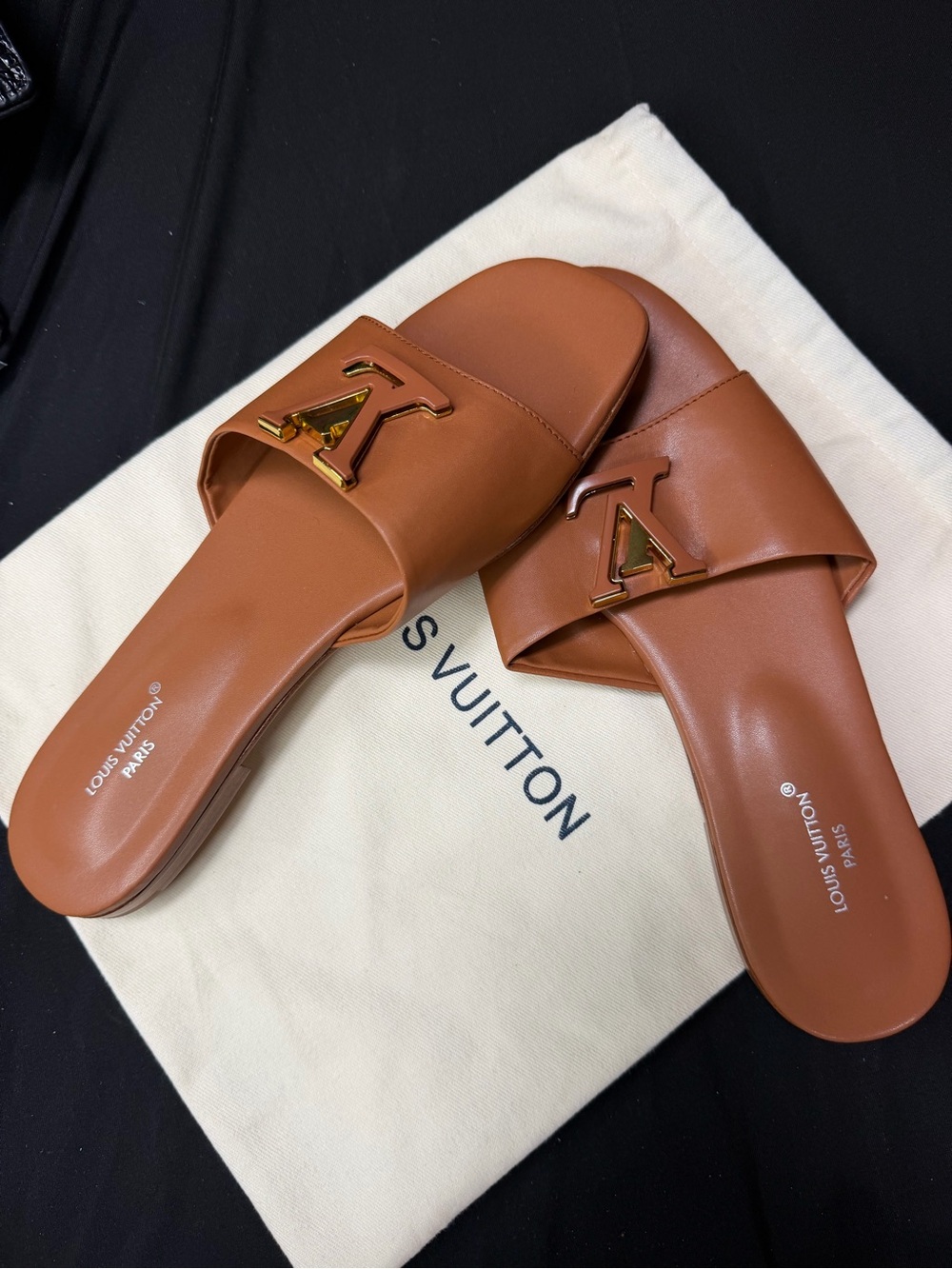 Authentic  Louis Vuitton Brown Leather Slide Sandals